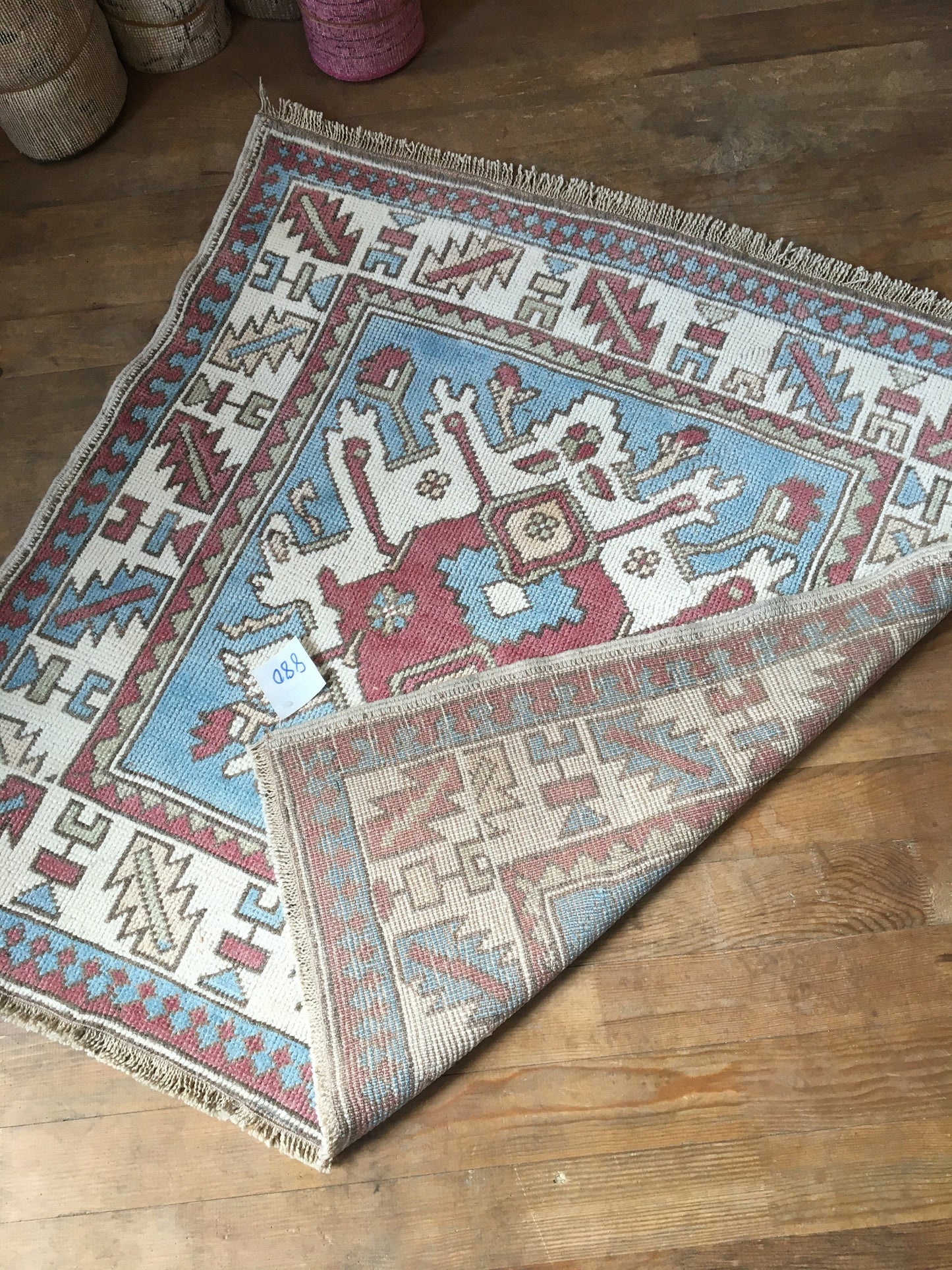 3.5x3.5 square handmade turkish rug, wool vintage blue chair rugs, entryway mini wide rug, bohemian oriental anatolian rug, kitchen cushion