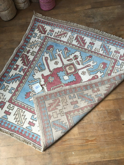 3.5x3.5 square handmade turkish rug, wool vintage blue chair rugs, entryway mini wide rug, bohemian oriental anatolian rug, kitchen cushion