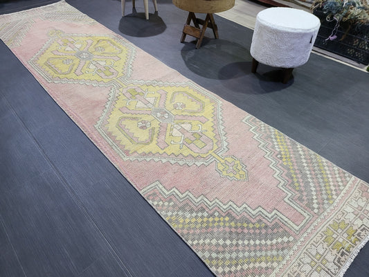 VINTAGE Oushak Runner, Turkish Runner Rug, Vintage 2.6 x 10.2 Runner Rug, Hallway Runner Rug, Turkish Rug Runner Wool Runner Rug