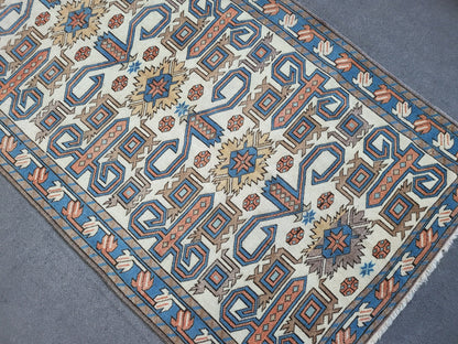 TURKISH Oushak Rug 3.5 x 6.5 Vintage Blue Oriental Rug Vintage Runner Rug Wool Kazak Rug Handmade Rug Hand Knotted Rug