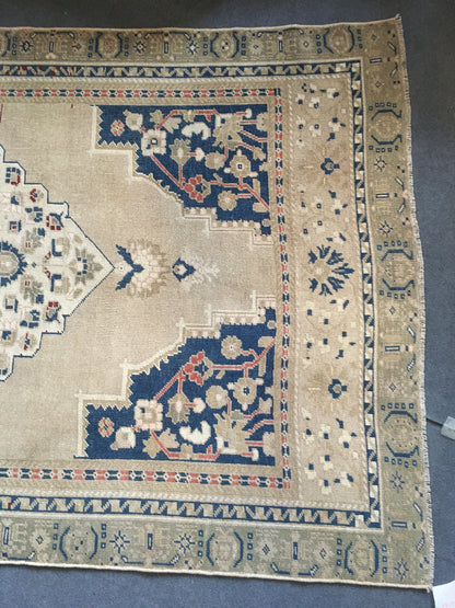 4x8 feet handmade muted oversize wide runner rug, vintage turkish living room rug, oversize kitchen area rug, wool blue persian big size rug