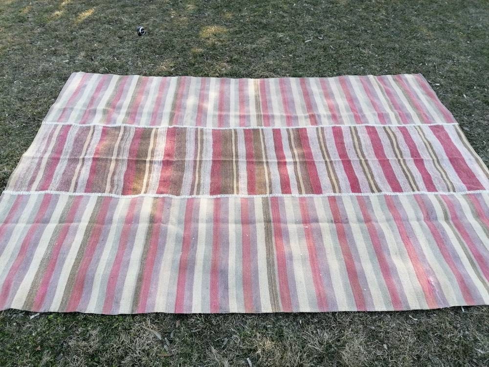 6.8 x 9.7 Flatwoven kilim rug  stripe handmade rug vintage turkish rug, vintage oushak rug, wool rug