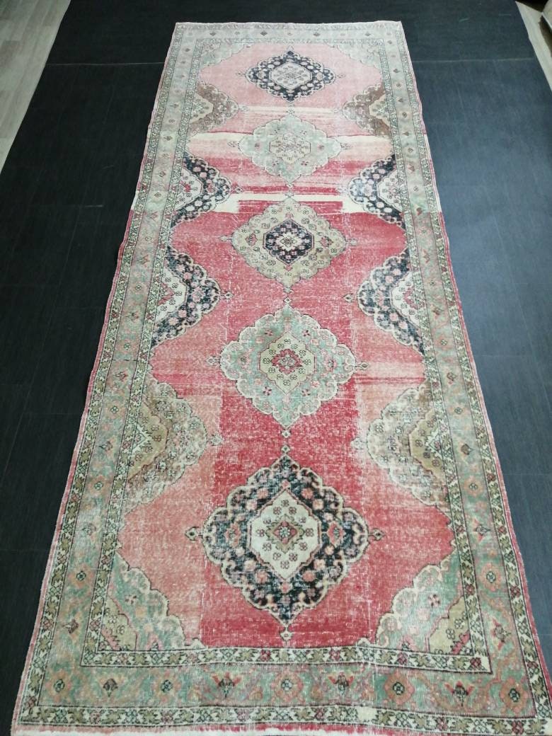 Vintage Runner 4.8 x 12.4 TURKISH Muted Runner Rug Vintage Oushak Runner Rug Light Pink Runner Rug Wool Oriental Runner Antique Runner Rug