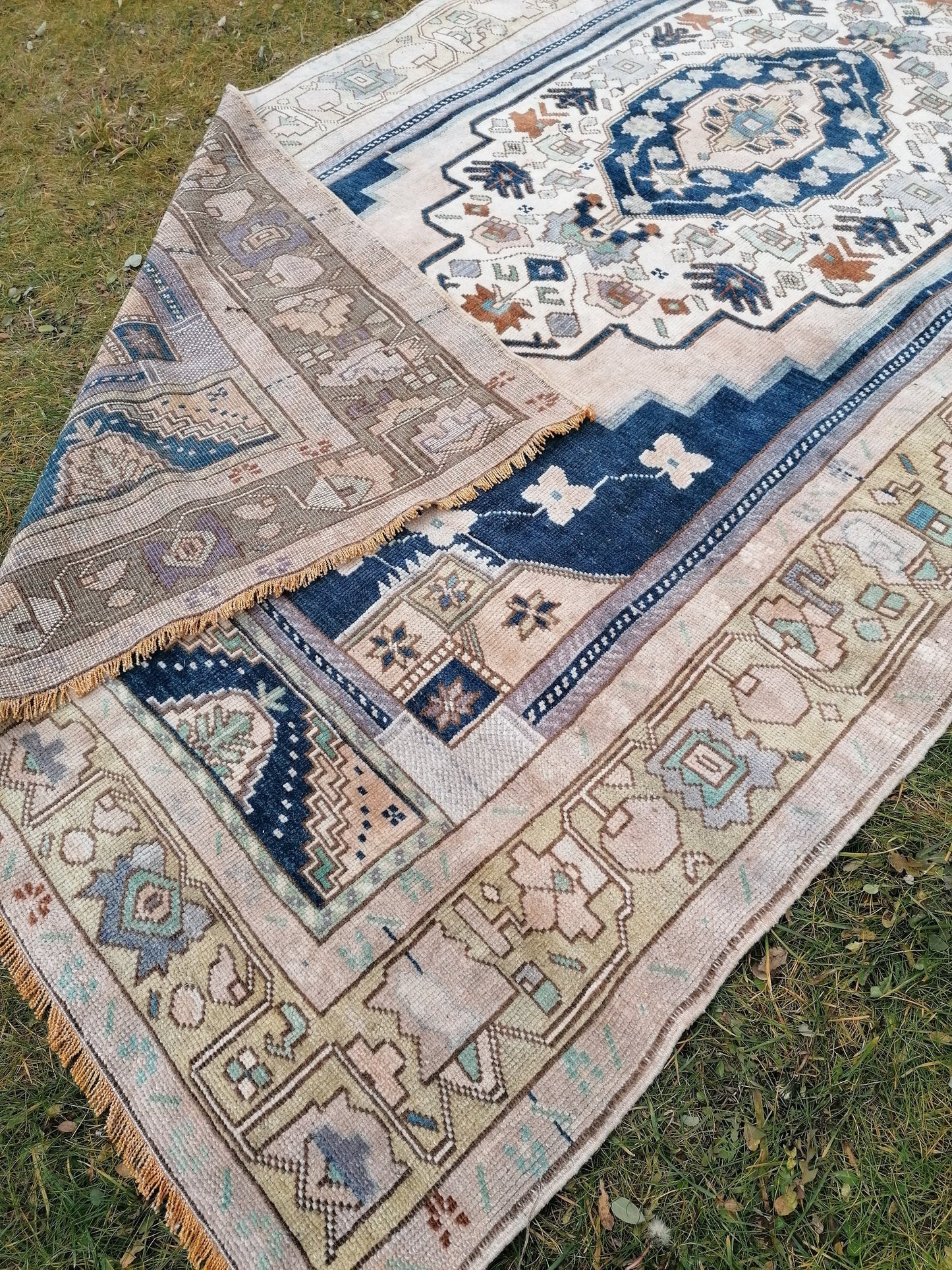 Turkish oushak rug, blue vintage rug 5'2x10 vintage oushak rug, unique hand made rug kitchen rug bohemian rug