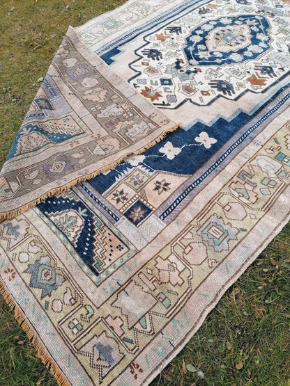 Turkish oushak rug, blue vintage rug 5'2x10 vintage oushak rug, unique hand made rug kitchen rug bohemian rug