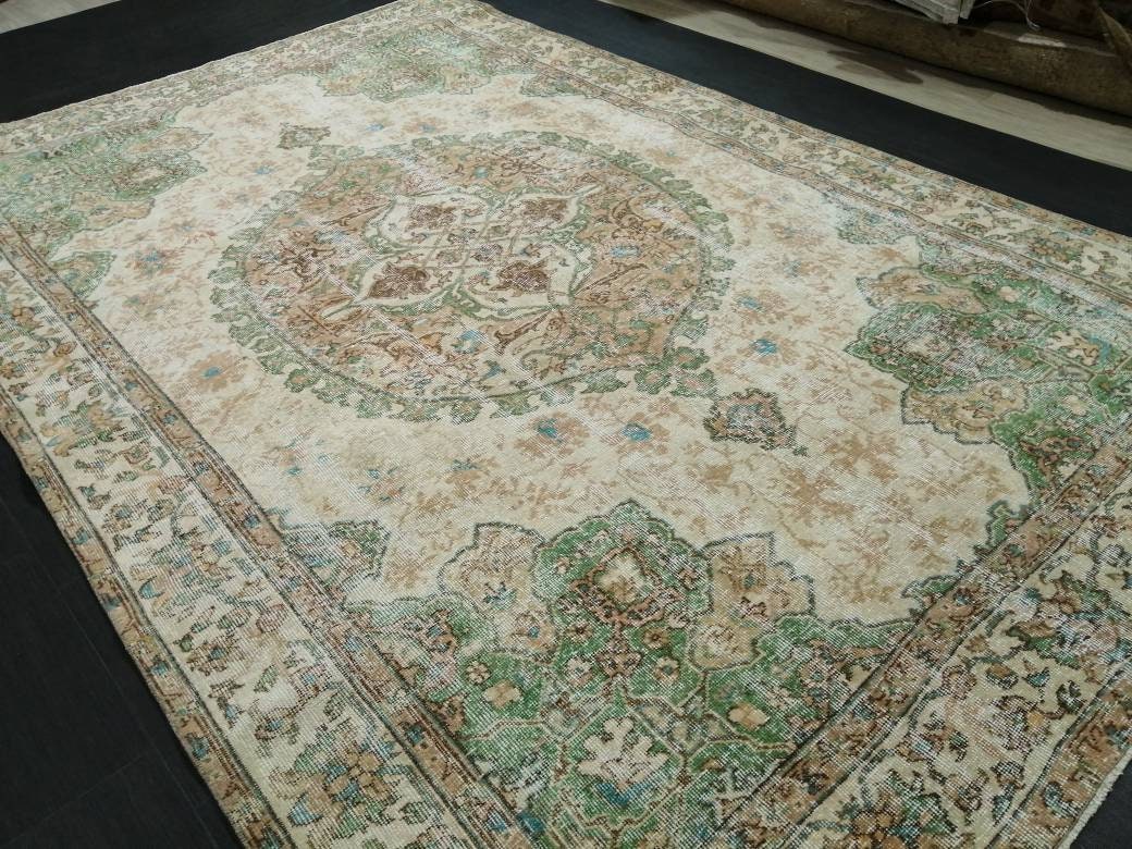 OUSHAK RUG Persian Rug 6.8 x 10.4 TURKISH  Rug Vintage Wool Rug Muted Vintage Oriental Rug Wool Oushak Rug Hand Made Rugs Green Vintage Rug