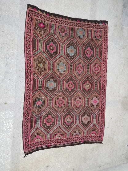 9'5x6'6 flatwoven with embroidery rug, kilim rug, turkish hand made rugs vintage turkish rugs oushak rug vintage oushak rug, wool rug