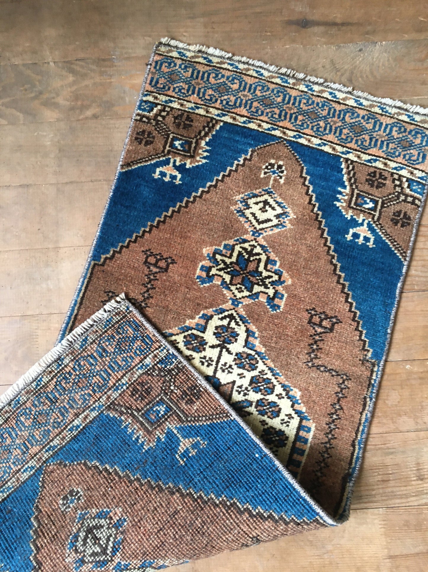1.3x3 feet handmade turkish mini rug, vintage brown wool kitchen floor mini rug, small handmade blue laundry rug, small bath mat, mini rug