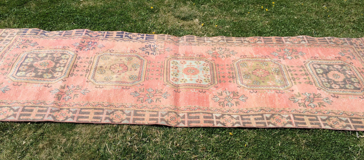 Vintage Turkish Runner Rug, 4x11 Oushak Runner Rug, Handmade Runner Rug, Hand Knotted Runner Rug Hallway Runner, Kitchen Runner