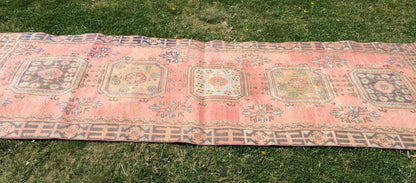 Vintage Turkish Runner Rug, 4x11 Oushak Runner Rug, Handmade Runner Rug, Hand Knotted Runner Rug Hallway Runner, Kitchen Runner