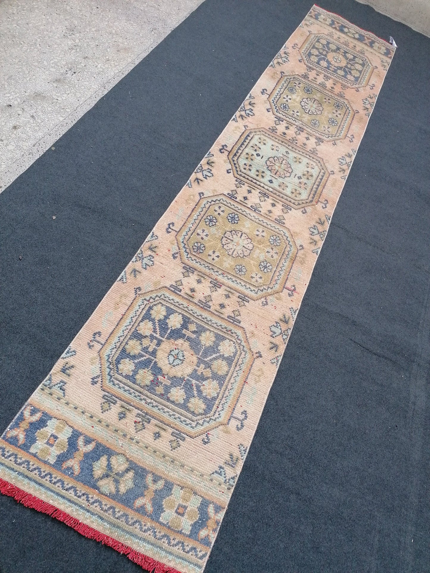 2'3x11'8 oushak turkish runner rug,turkish wool runner rug,hallway runner, vintage blue runner rug, vintage green runner rug,kitchen runner