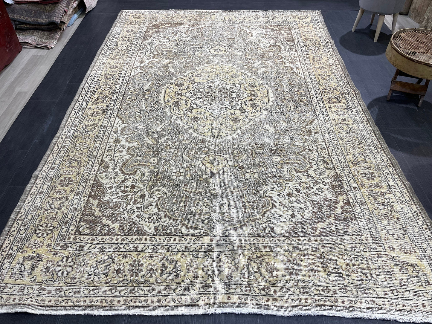 Persian Rug, Vintage 6.7 x 9.9 Rug, Handmade Rug, Hand Knotted Oushak Rug, Turkish Rug Kitchen Rug Wool Rug, Dark Rug, Brown Black Rug