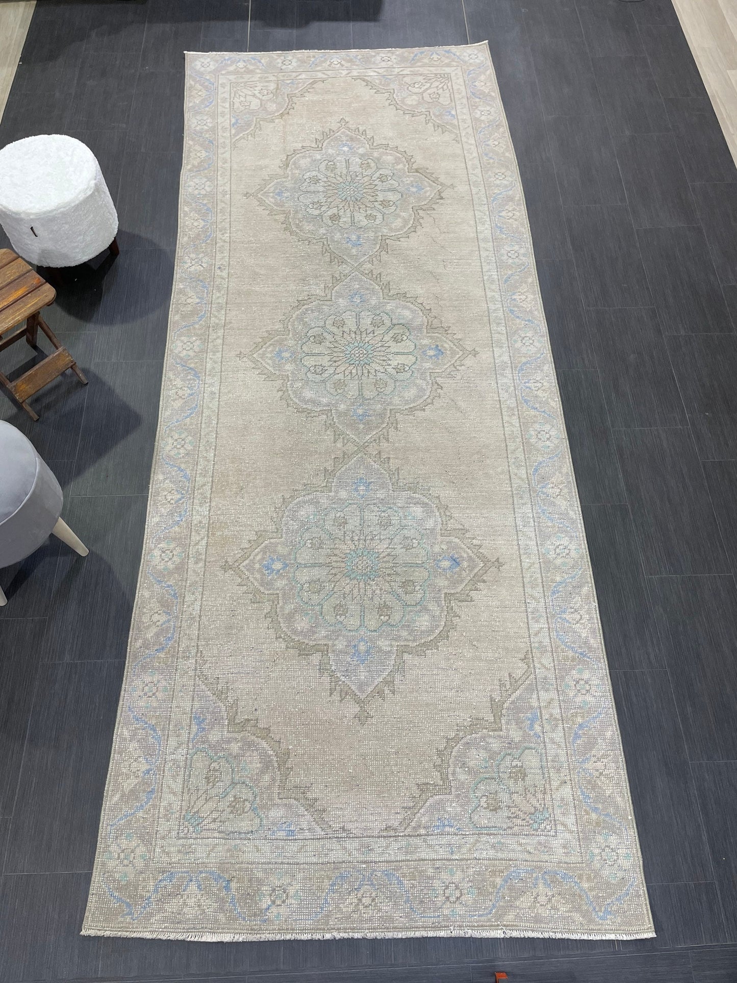 Muted Vintage Runner Rug Turkish Oushak 4.2 x 10.7 Runner Rug Handmade Runner Rug Hallway Runner Rug Kitchen Runner Rug Wool Runner Rug