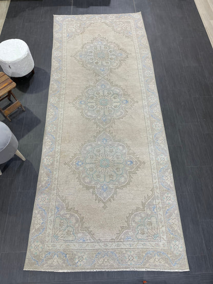 Muted Vintage Runner Rug Turkish Oushak 4.2 x 10.7 Runner Rug Handmade Runner Rug Hallway Runner Rug Kitchen Runner Rug Wool Runner Rug