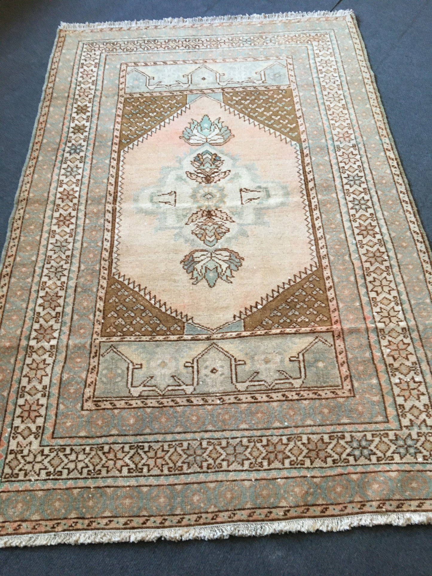 3.5'x5' feet handmade natural wool brown pink rug, turkish bedroom rug, wide oushak living room rug, large bathroom area rug,medium size rug