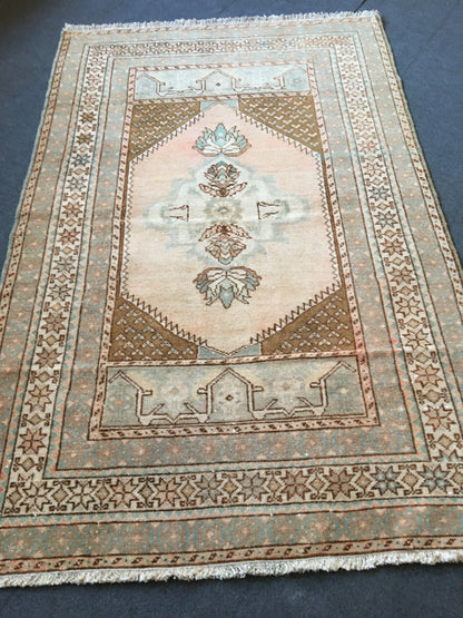 3.5'x5' feet handmade natural wool brown pink rug, turkish bedroom rug, wide oushak living room rug, large bathroom area rug,medium size rug