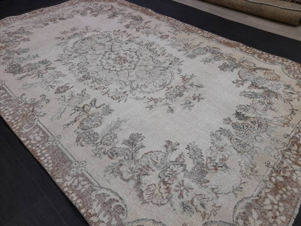 MUTED TURKISH RUG 6.4 x 10.3 Oushak Rug Vintage Oushak Rug Vintage  Rug Wool Rug Hand Made Rug Vintage Persian Rug Vintage Oriental Rug
