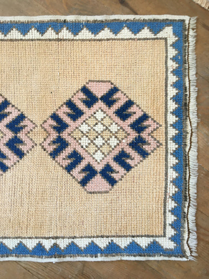 1.8x3.1 feet pink wool turkish vintage bedroom rug, handmade muted oushak living room area mini rug, laundry small rug, blue bohemian rugs