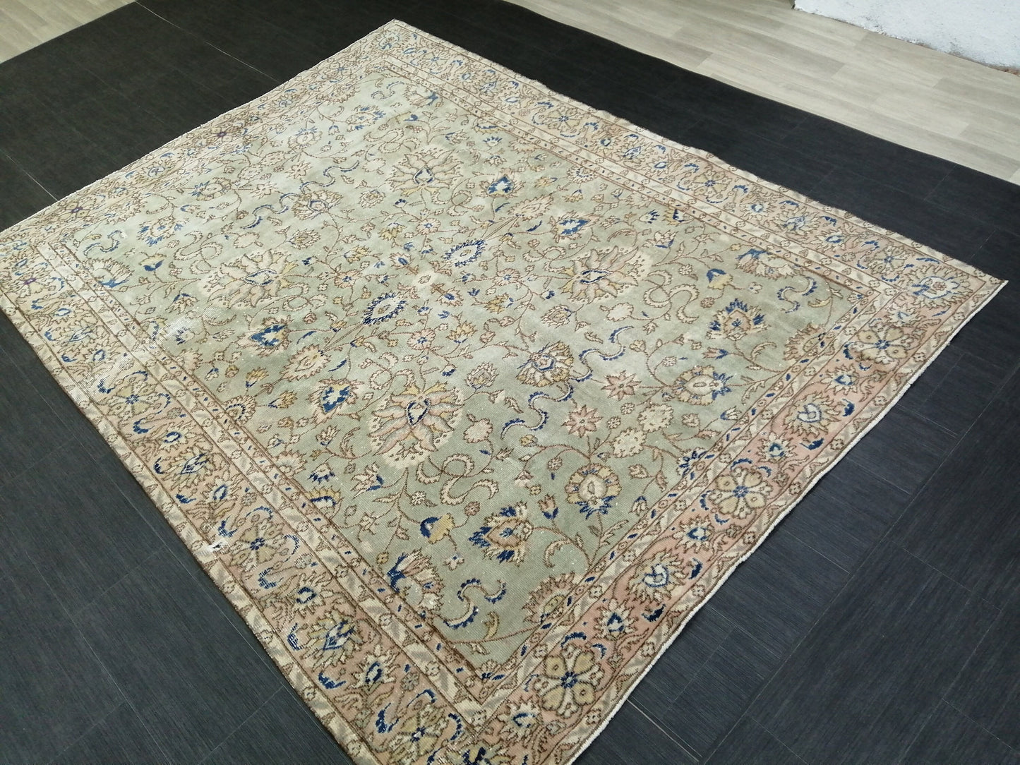 6.3 x 8.4 OUSHAK RUG TURKISH Light Green Blue Rug Vintage Oriental Rug Vintage Wool Fine Knotted Rug Hand Made Rugs Turkish Rug 6x8