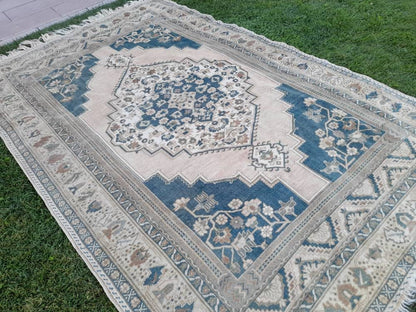 Muted TURKISH Rug Vintage Oriental Rug Vintage Persian Rug Blue OUSHAK RUG 6 x 10 Oushak Rug Hand Made Rug Vintage Excellent Condition Rug