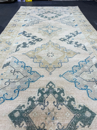 Vintage RUG, Antique Rug, 4.6 x 12.9 Distressed Muted Rug, Muted Wool Neutral Rug, Handmade Rug, Vintage Turkish Rug, Hand Knotted Rug,