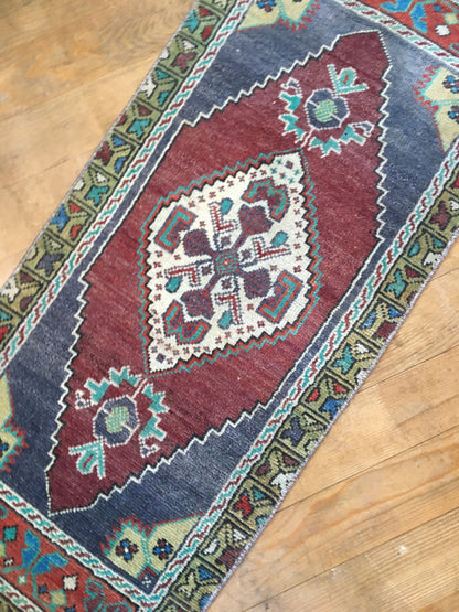 1.5x3.4 feet handmade claret red kitchen mini floor rug, turkish wool grey bedroom area mini rug, small oushak rug,vintage bathroom tiny rug