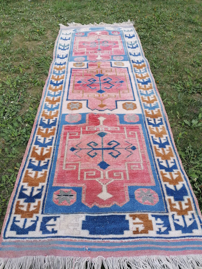 2'5x6'6 blue oushak runner, turkish runner rug, vintage runner rug  unique hand made wool rug kitchen  runner rug