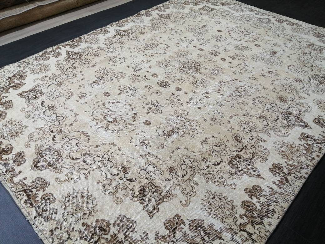 NEUTRAL Vintage RUG TURKISH Large Rug 9.5 x 7 Oushak Rug Vintage Oushak Rug Vintage Rug Muted Oushak Rug Hand Made Rug Vintage Neutral Rug