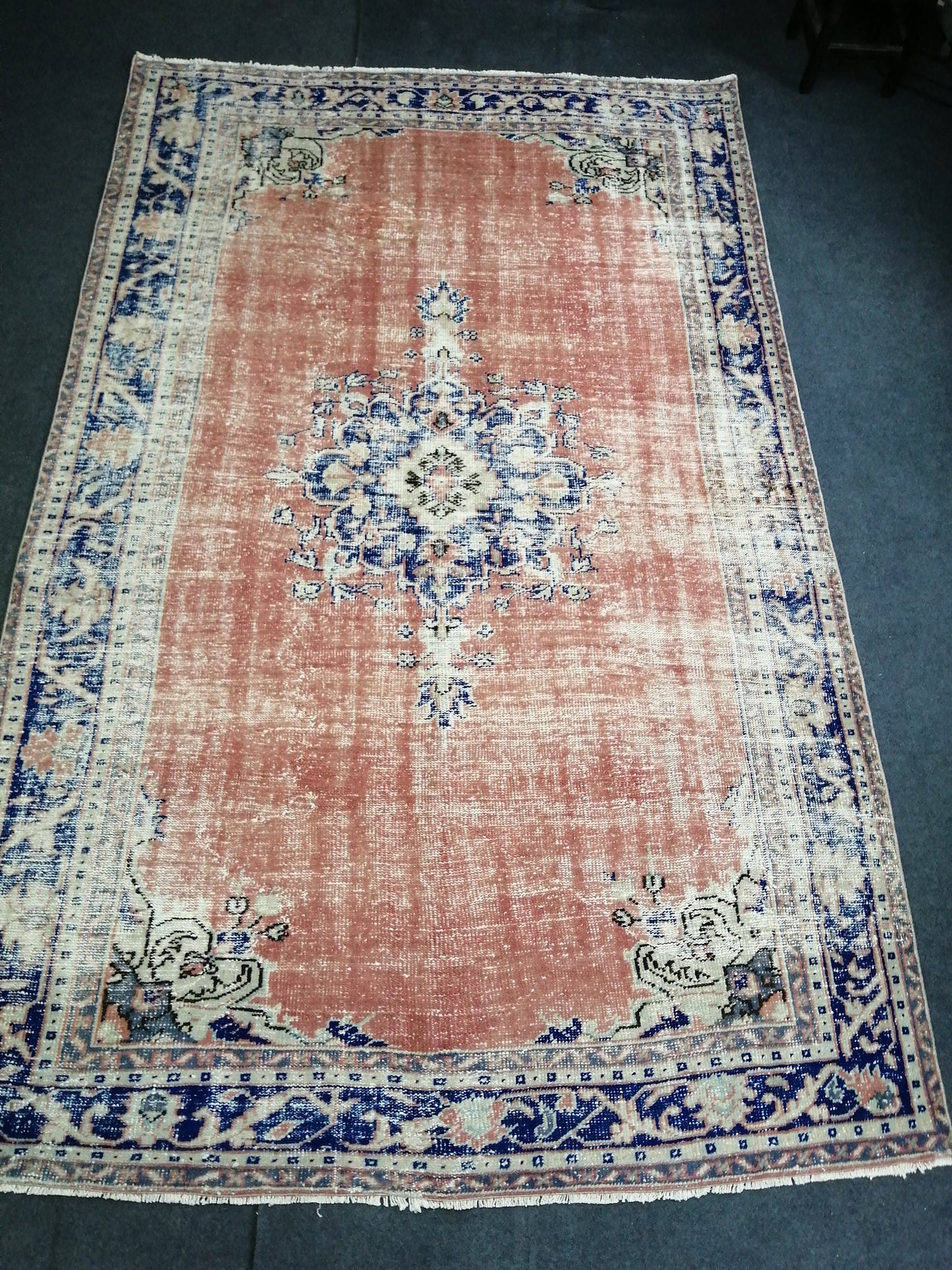 6.2 x 9.8 Large Area OUSHAK RUG TURKISH Oushak Rug Vintage Blue Orange Rug Distressed Wool Oriental Rug Hand Made Rugs Vintage Turkish Rug