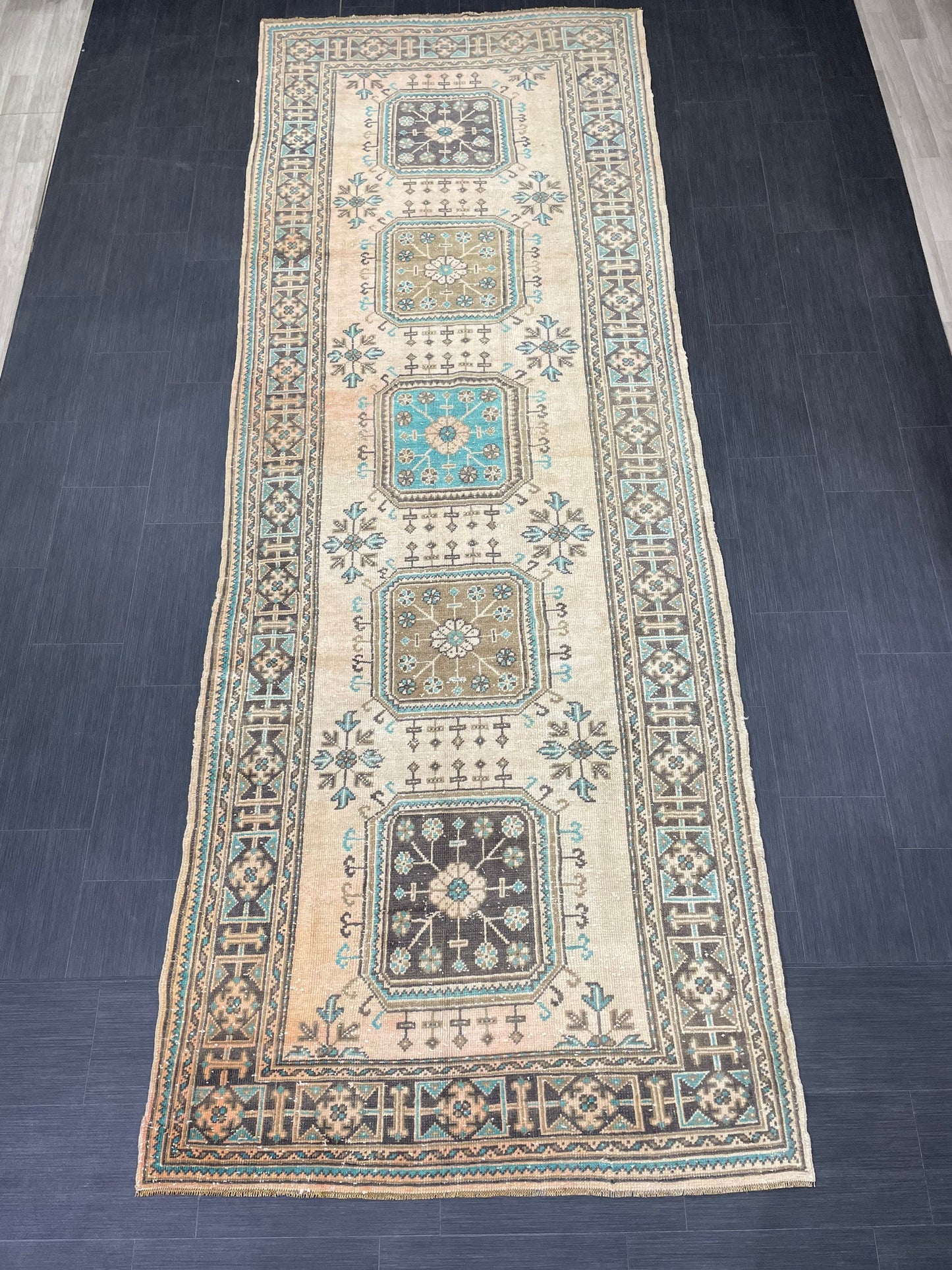 Vintage Runner Rug 4.6 x 12.6 Muted TURKISH Muted Runner Rug Vintage Oushak Runner Rug Long Runner Rug Wool Oriental Runner Handmade Runner