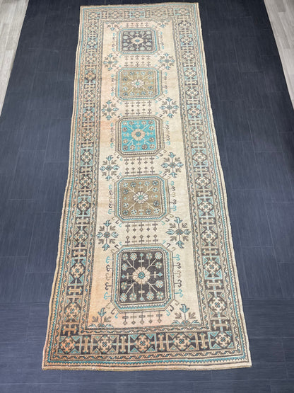 Vintage Runner Rug 4.6 x 12.6 Muted TURKISH Muted Runner Rug Vintage Oushak Runner Rug Long Runner Rug Wool Oriental Runner Handmade Runner