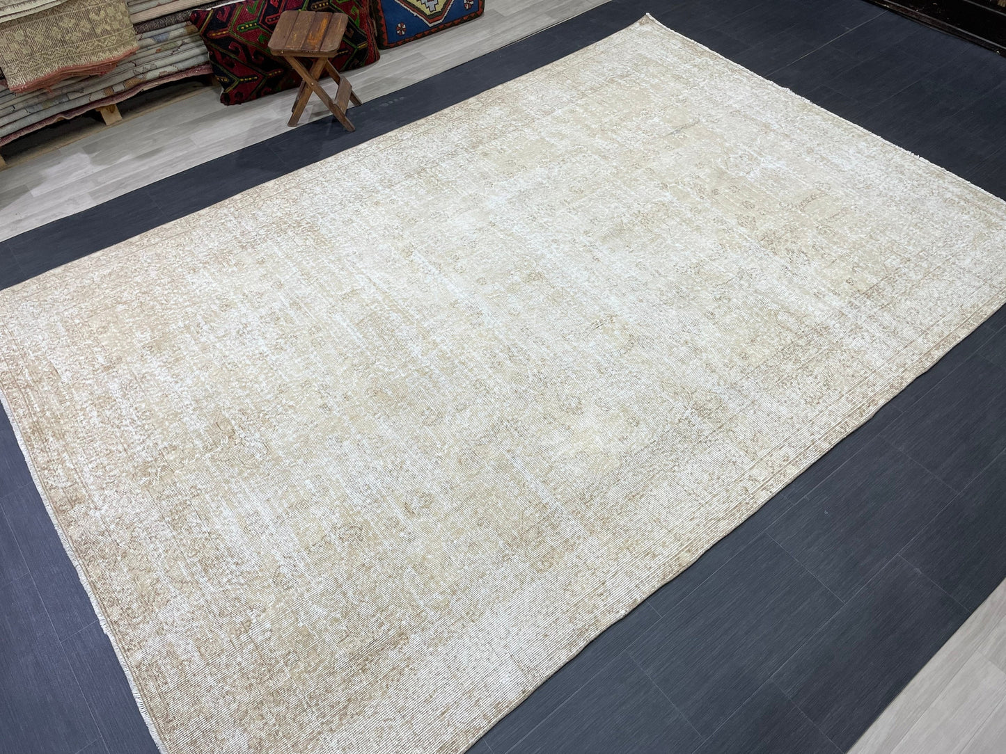 Neutral Vintage Rug Muted TURKISH 7 x 10.4 Rug Handmade Rug Distressed Rug  Large Turkish Oushak Rug Wool Rug Hand Knotted Rug