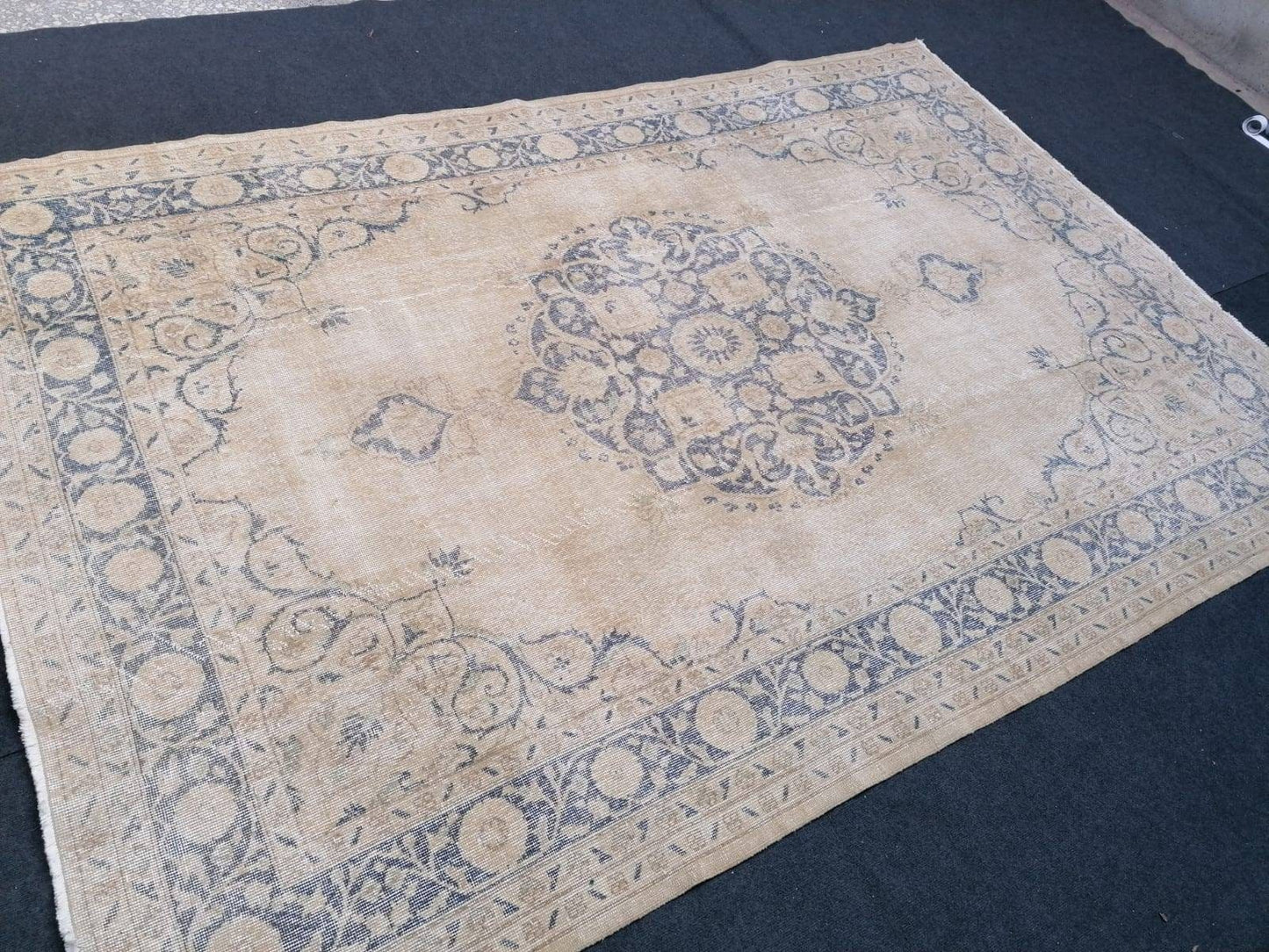 7x10'2 large oushak rug, vintage blue rug, muted turkish rug, hand made vintage wool rug, living room rug, bohemian rug