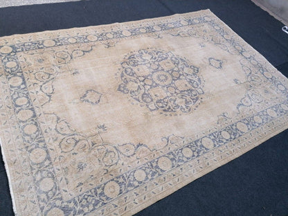 7x10'2 large oushak rug, vintage blue rug, muted turkish rug, hand made vintage wool rug, living room rug, bohemian rug