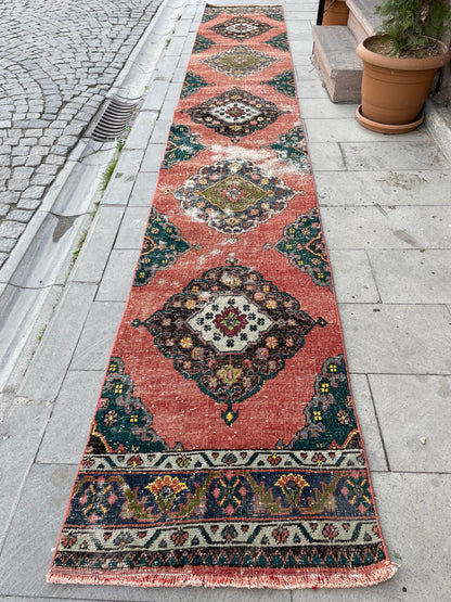 Staircase Runner Rug 2.5 x 16.4 Extra Long Wool TURKISH Runner Rug Handmade Runner Rug VINTAGE Runner Hand Knotted Runner Distressed rug