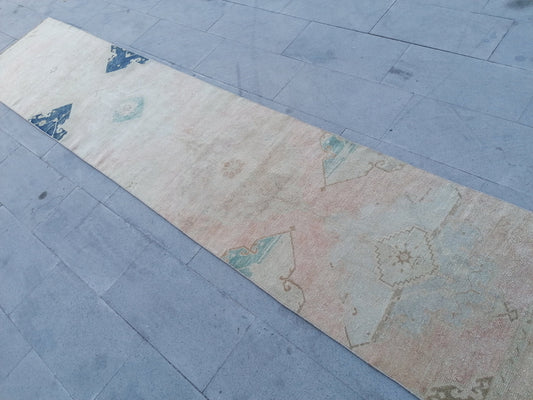 Muted soft colors runner 12'2x2'5 faded runner rug, turkish runner rug, turkish vintage runner rug, hallway runner rug,kitchen runner rug