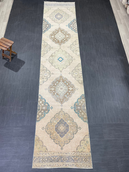Muted Turkish Runner Rug Vintage 3 x 13.7 Runner Rug Hallway Runner Rug Hand Knotted Runner Kitchen Runner Rug Handmade Runner Rug