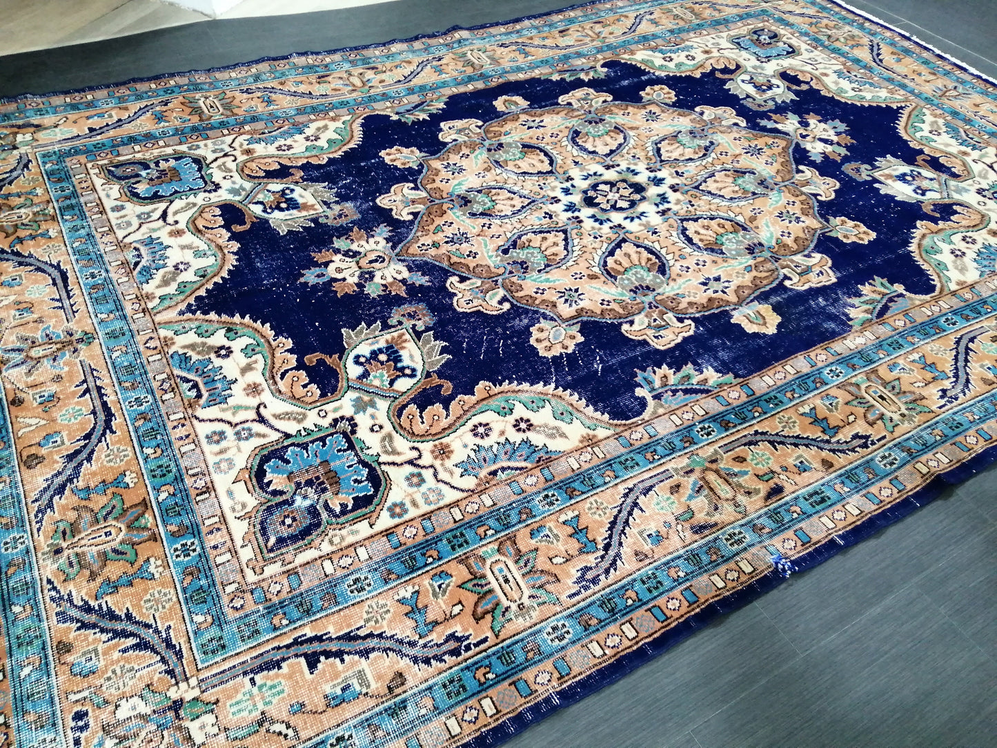 Blue Oushak Rug, 7 x 10.7 Vintage Rug, Bohemian Rug, Rug Runner, Turkish Rug, Farmhouse Rug, Blue Vintage Rug, Wool  Oriental Rug