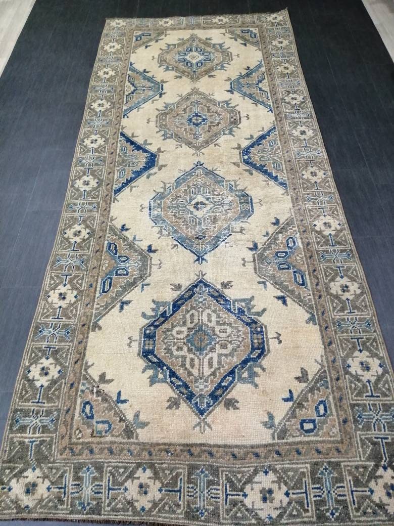 Antique Oushak Runner Rug Turkish Runner Rug Vintage Runner Rug 11.9 x 4.9 Hallway Runner Rug Antique Oriental Runner Rug Blue Beige Runner