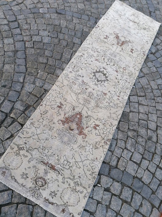 Faded turkish runner rug, hallway runner 2'7x9'5 neatural vintage wool runner, vintage handmade runner kitchen runner