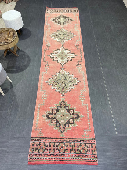 Vintage Runner Rug, Handmade 2.6 x 11 Runner Rug, Hand Knotted Runner Rug, Hallway Runner Rug, Kitchen Runner Rug Wool Runner