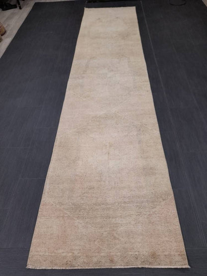 Neutral Vintage Hand Made Runner Rug Turkish Runner Rug 2.8 x 12.3 Faded Vintage Runner Rug Hallway Runner Rug Neutral Kitchen Runner Rug