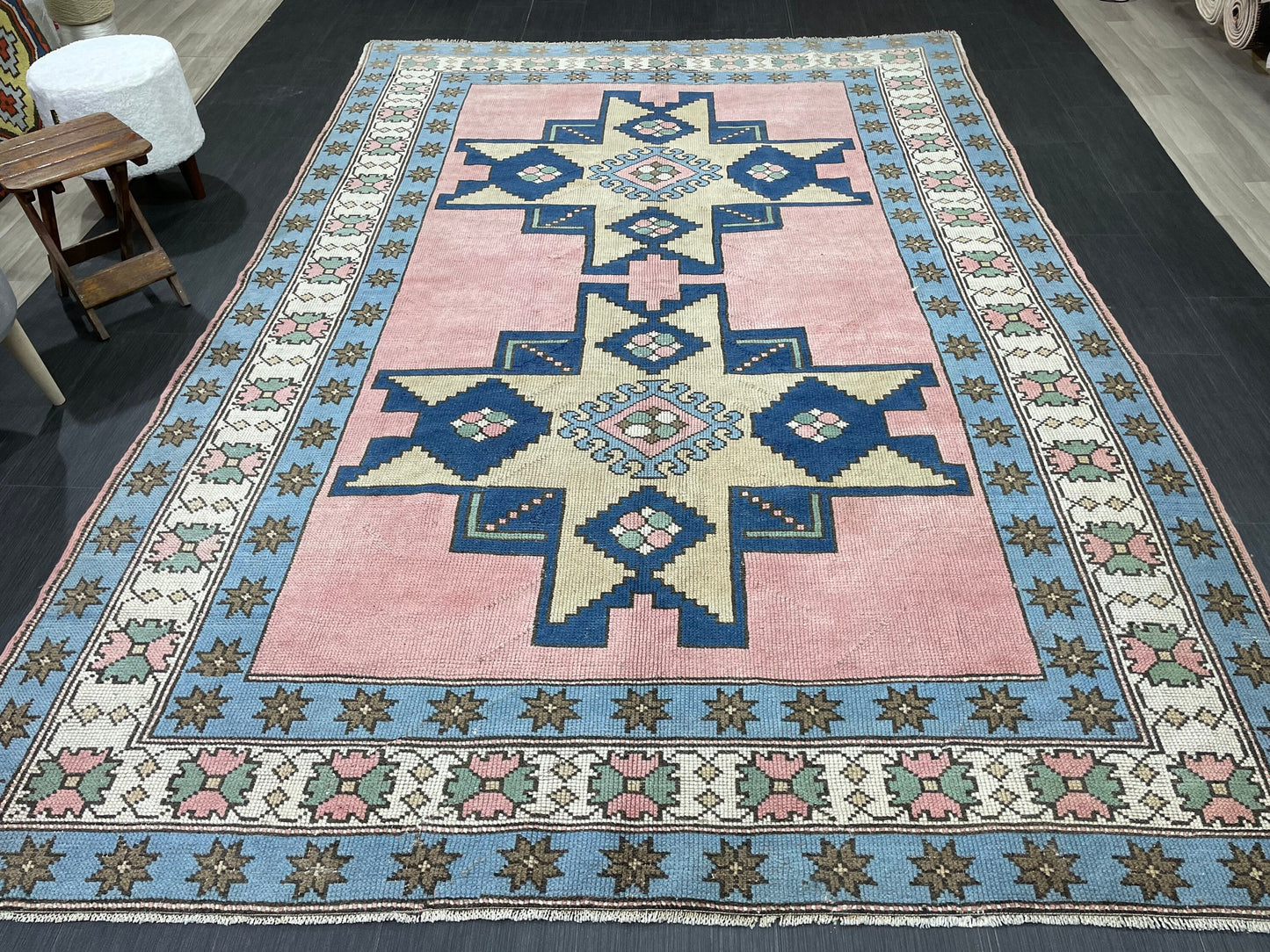 Wool OUSHAK RUG TURKISH 6.6 x 10 Rug  Vintage Oriental Rug Vintage Handmade Rug Wool Vintage Pink and Blue Rug Hand Knotted Rug