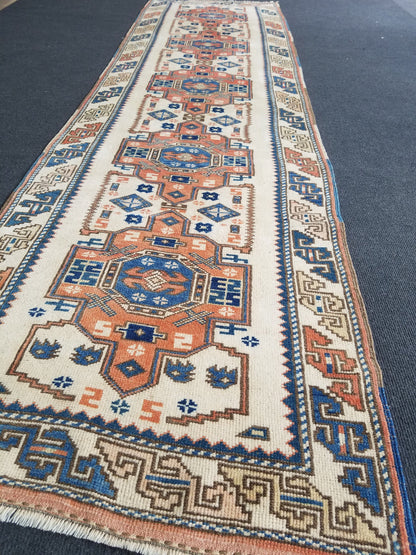 Hallway wool runner rug, handmade runner rug 2'2x8'6 blue bohemian rug, vintage oushak runner, turkish runner rug