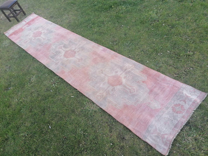 Faded turkish runner rug, 12'3x2'8, soft runner rug, pastel vintage oushak runner rug, kitchen runner rug,hallway runner rug