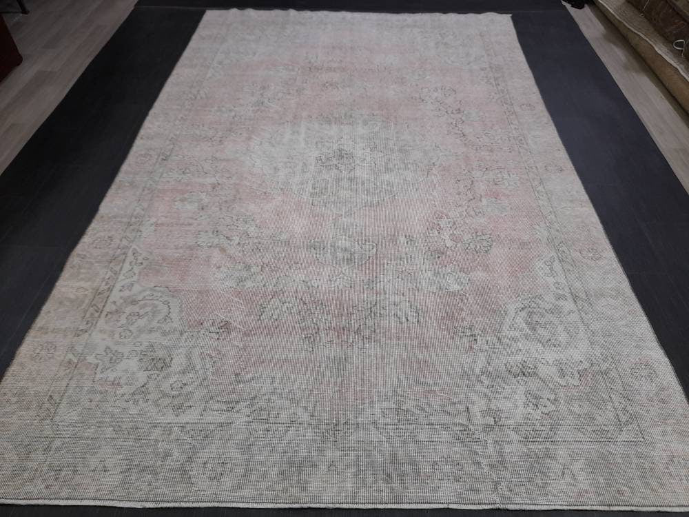 WOOL Distressed RUG 6.5 x 10 Turkish Oushak Rug Large Vintage Rug Tint of Pink Vintage Hand Made Persian Rug Muted Vintage Turkish Rug 7x10
