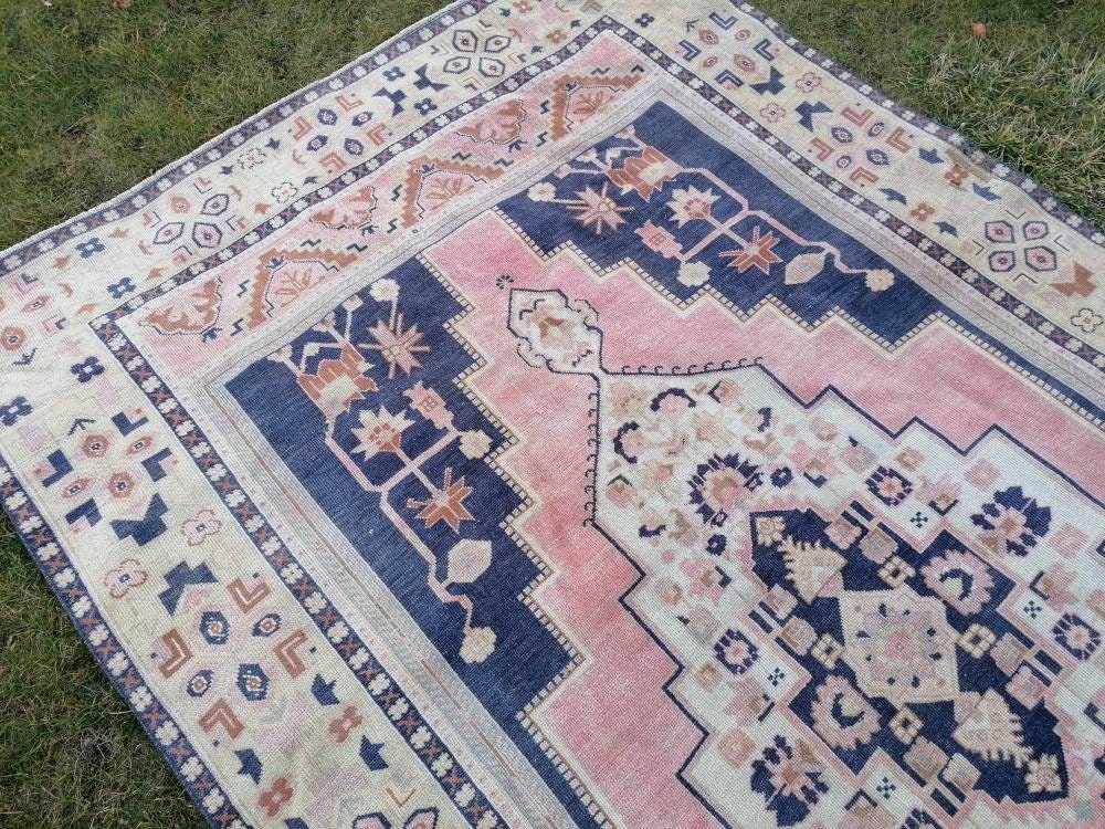 Vintage blue rug, large turkish oushak rug 6'1x9'6 living room rug, handmade wool rug