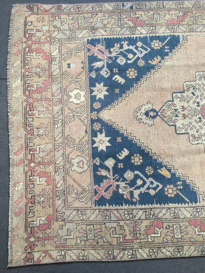 4.5x8 feet handmade area rug, vintage turkish muted rug, bohemian antique blue rug, persian motif kitchen floor rug, bedroom rug,hallway rug