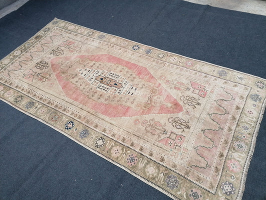 Soft oushak rug, 9'6x4'10, muted soft colors rug, faded vintage rug, pastel turkish oushak rug rustic unsual tribal rug retro style rug