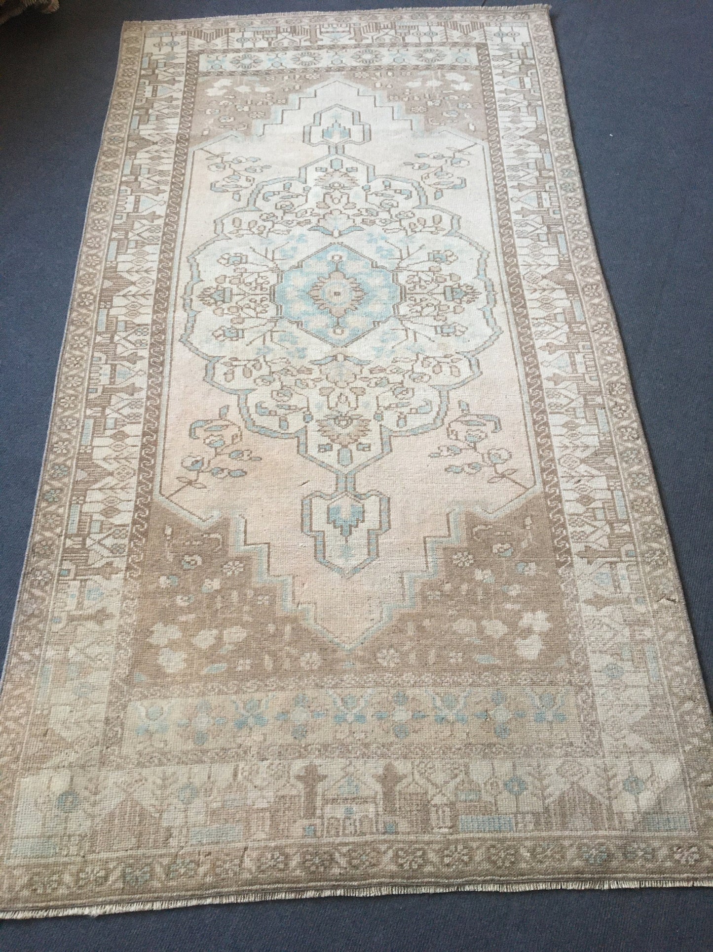 3.4x6.5 ft natural wool rug, faded vintage turkish rug, oushak brown kitchen rug, anatolian bohemian living room rug, blue handmade area rug